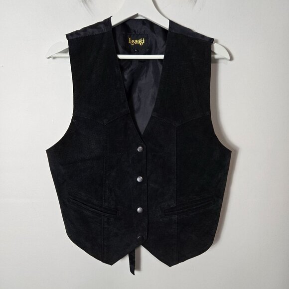 VTG Learsi Women's Size L Suede Genuine Leather Vest Black Snap Front - Picture 1 of 10